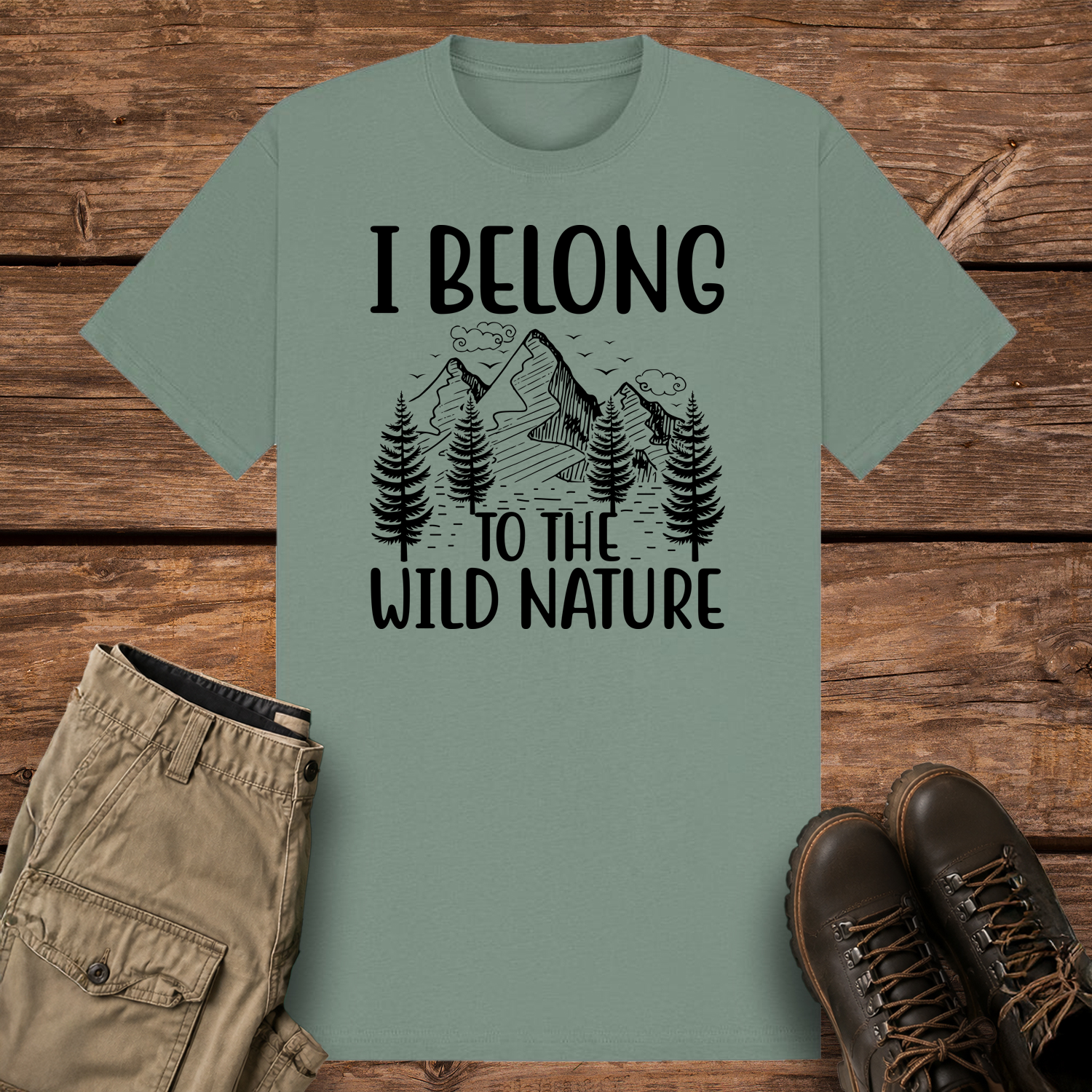 A sage-colored graphic t-shirt featuring a black ink sketch illustration of majestic mountains, clouds, birds, and pine trees. Bold, hand-drawn text frames the illustration reading "I BELONG TO THE WILD NATURE."