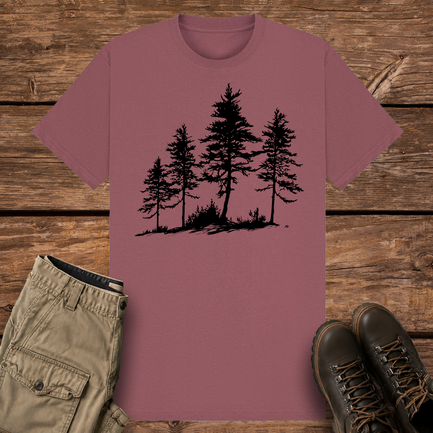 A mauve-colored graphic t-shirt featuring a solid black silhouette illustration of four pine trees standing on a small grassy patch of ground.