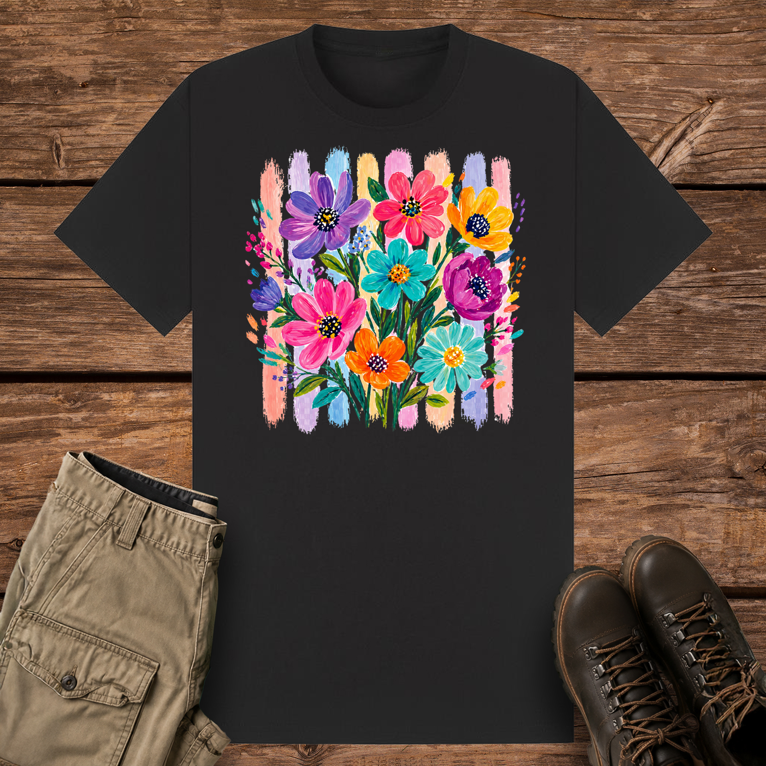 A black graphic t-shirt featuring an artistic painted bouquet of vibrant pink, purple, teal, and orange wildflowers. The flowers are layered over a retro background of vertical pastel colored paint brushstrokes.
