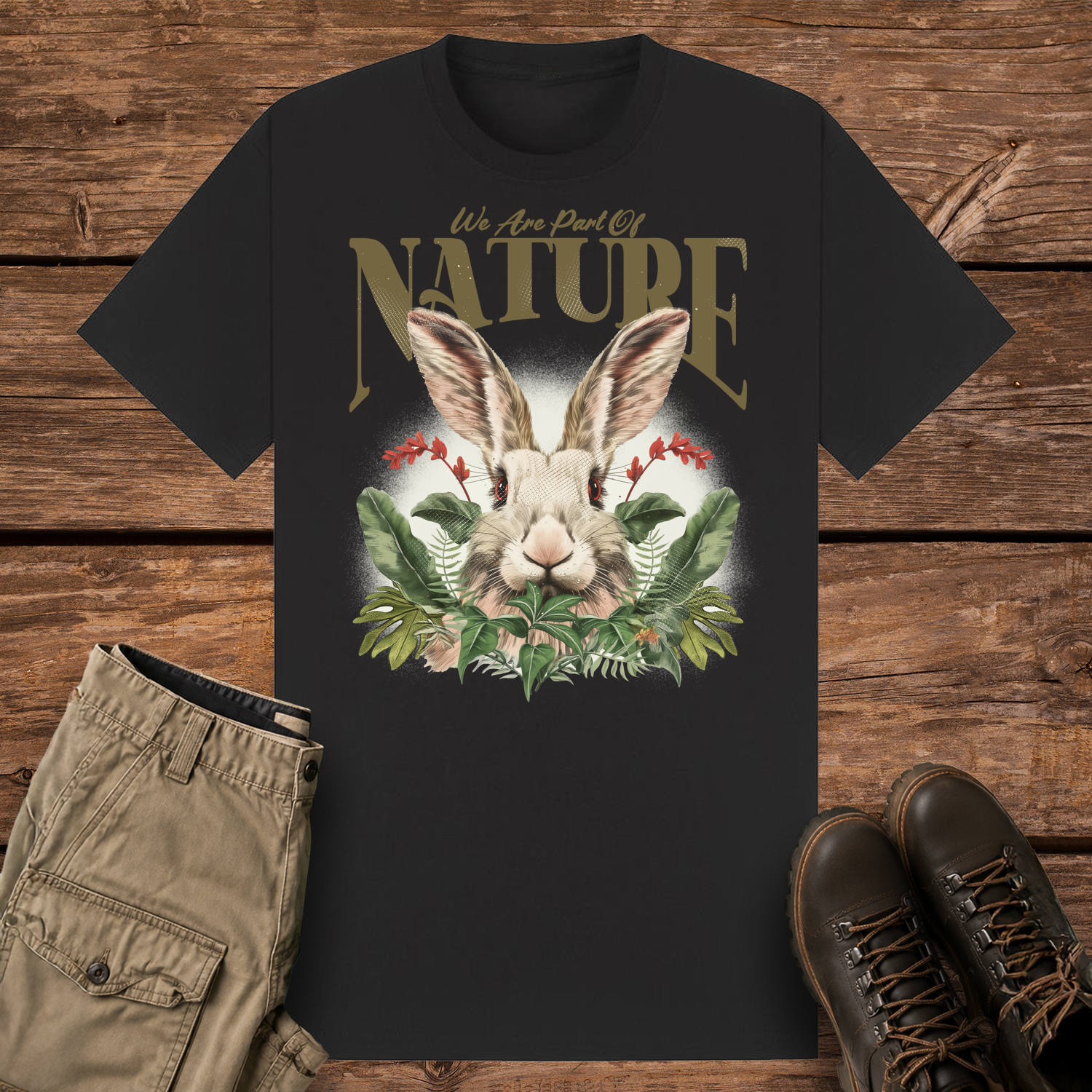 A black graphic t-shirt featuring a vintage nature illustration. A detailed rabbit peeks through green tropical leaves and red flowers under the text "We Are Part Of NATURE" in an olive green retro font.