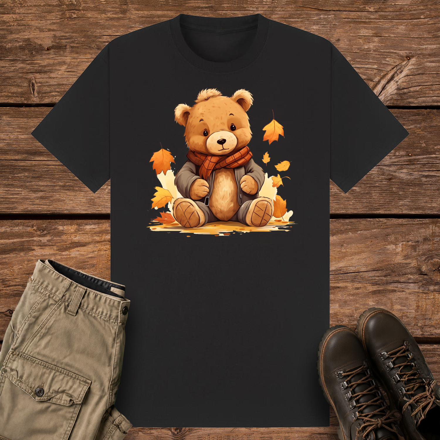 A black graphic t-shirt featuring a cute cartoon illustration of a fluffy brown teddy bear wearing a grey winter jacket and an orange plaid scarf. The bear is sitting surrounded by falling orange and yellow autumn leaves.