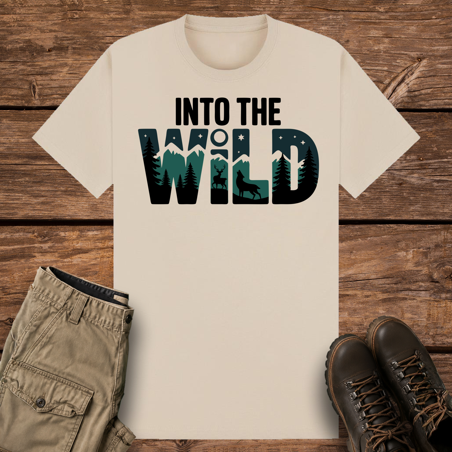 A sand-colored graphic t-shirt featuring the text "INTO THE WILD." The word "WILD" is written in large bold letters that contain an illustrated landscape of green mountains, black pine trees, a deer, and a wolf silhouette under a starry night sky.