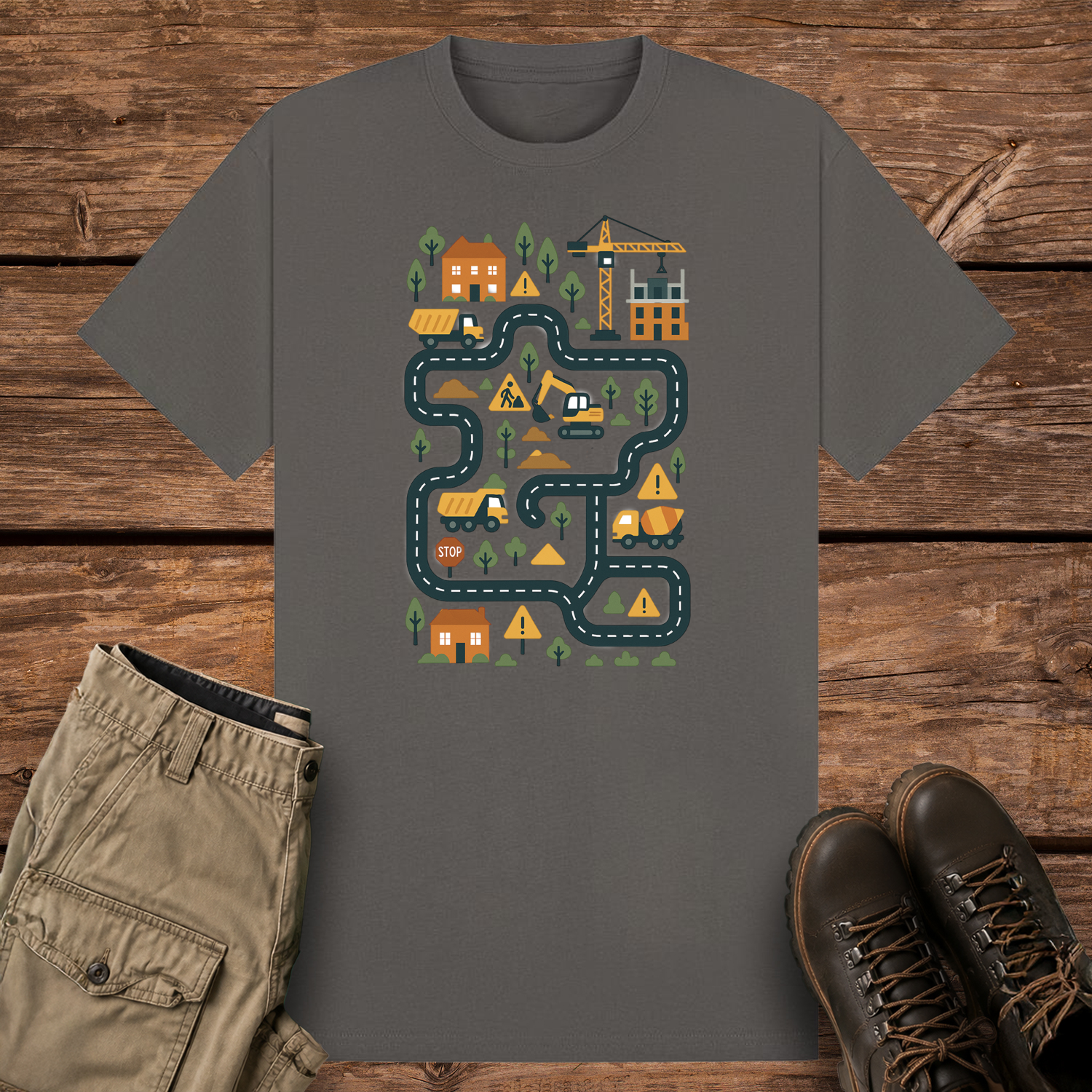 A charcoal graphic t-shirt featuring a colorful illustration of a construction site road map. The design includes winding roads, cartoon dump trucks, an excavator, a crane, houses, trees, and yellow warning signs in a playful vector style.