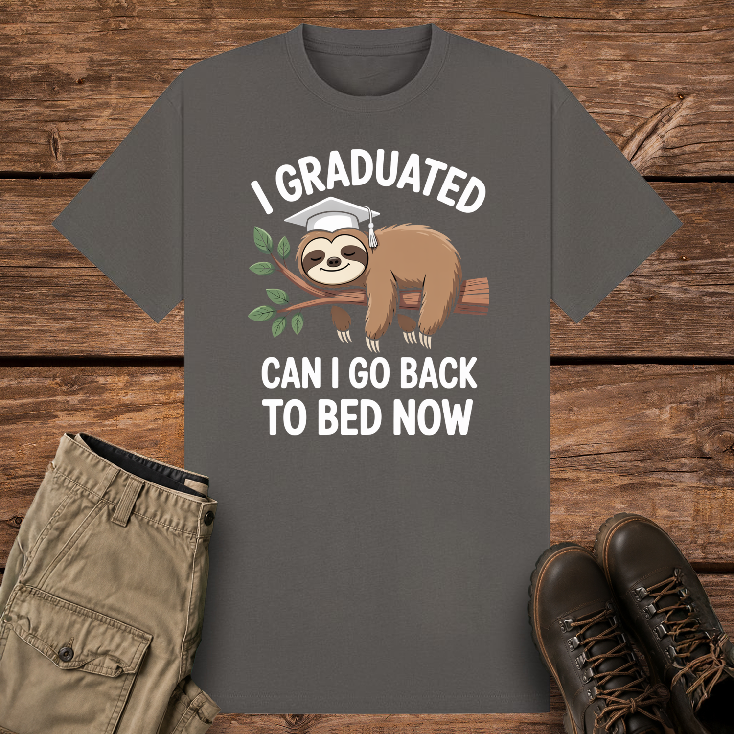 A charcoal graphic t-shirt featuring a cute cartoon illustration of a brown sloth wearing a white graduation cap while sleeping on a leafy tree branch. The white text reads "I GRADUATED" at the top and "CAN I GO BACK TO BED NOW" below.