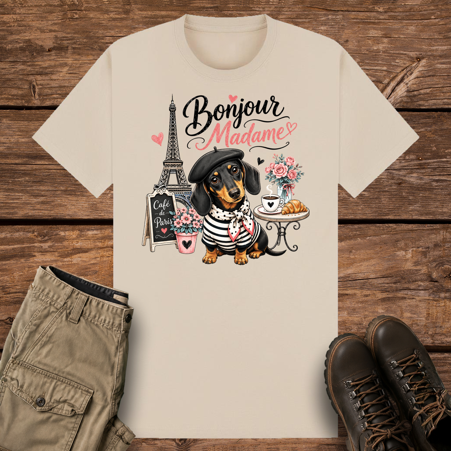 A sand-colored graphic t-shirt featuring a cute illustration of a black and tan dachshund dog wearing a beret and striped shirt in Paris. The design includes the Eiffel Tower, a café table with coffee, and the text "Bonjour Madame" with pink hearts.
